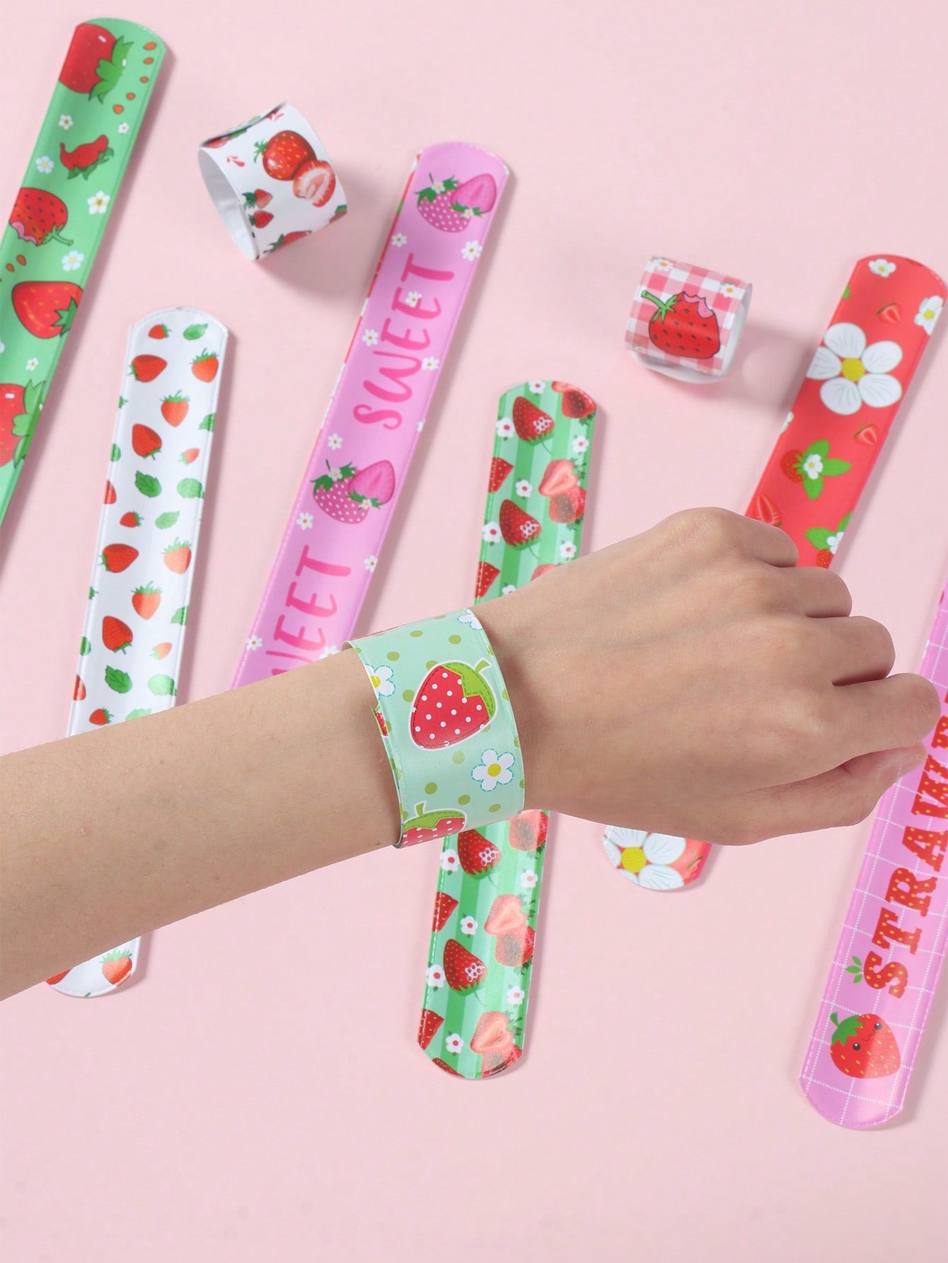 12Pcs Strawberry Birthday Slap Plastic Wristband,Strawberry Theme Birthday Party Decor,Baby Girl Shower Decorations,1st Birthday Party Decor,Gender Reveal Party Supplies,Baby Shower Party Favors,Funny
