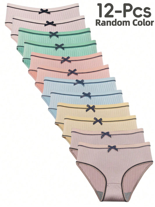 12pcs Women's Lightweight Breathable Polyester Stretch Panties, Fashion Bow Decor, Campus Style, Soft & Comfortable Triangular Briefs For Young Ladies, Spring/Summer