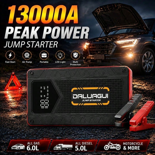 13000A Car Jump Starter, 12V Portable Battery Booster Pack For Up To 3.7 Gallon Gas And 3.17 GallonEngines, With 3-Mode LED Flashlight And Smart Jumper Clamps For Cars Motorcycles SUVs Pickup Trucks