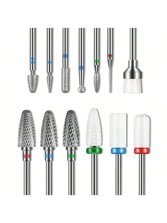 13pcs Nail Drill Bits Set, Drill Bits For Nails, 3pcs Tungsten Carbide Drill Bits 3pcs Ceramic Nail Drill Bits 6pcs Diamond Drill Bits+ 1pc Brush, 3/32 Inch Nail Bits For Nail Drill, Professional