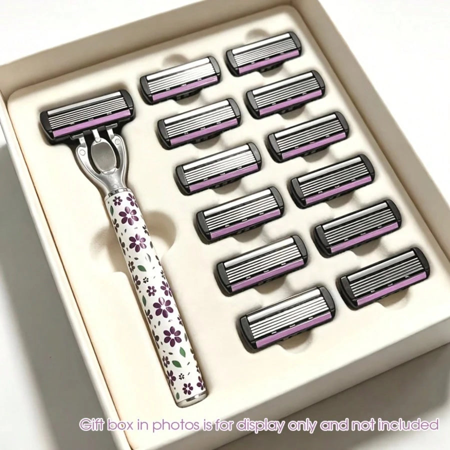 13pcs Petal Hair Removal Razor Set, Includes 12 Replacement 6-Layer Ultra-Sharp Blades, Washable Portable Body Razor