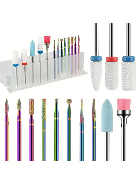 13pcs/Set Nail Art Ceramic Diamond Grinding Head Kit, Nail Polish Remover, Cuticle Pusher And Nail File Accessories