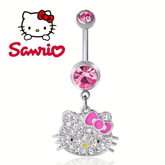 14G Stainless Steel Cute Hello Kitty Navel Ring, Sanrio Official Licensed, Hello Kitty Navel Ring For Women- Featuring Iconic Cat Face Design, Retro Style, Suitable For Party And Daily Wear, Navel Pi