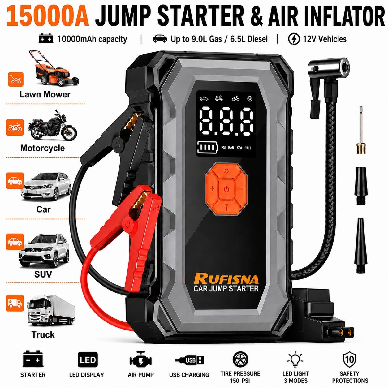 15000A Super Powerful Jump Starter With Air Compressor, 12V Ultra Fast Car Battery Booster, 150 PSI Tire Inflator, 8-In-1 Emergency Power Bank, LED Flashlight, USB Output, Heavy Duty For Gas & Vehicle