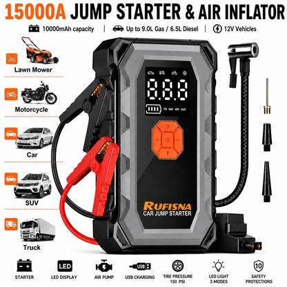 15000A Super Powerful Jump Starter With Air Compressor, 12V Ultra Fast Car Battery Booster, 150 PSI Tire Inflator, 8-In-1 Emergency Power Bank, LED Flashlight, USB Output, Heavy Duty For Gas & Vehicle