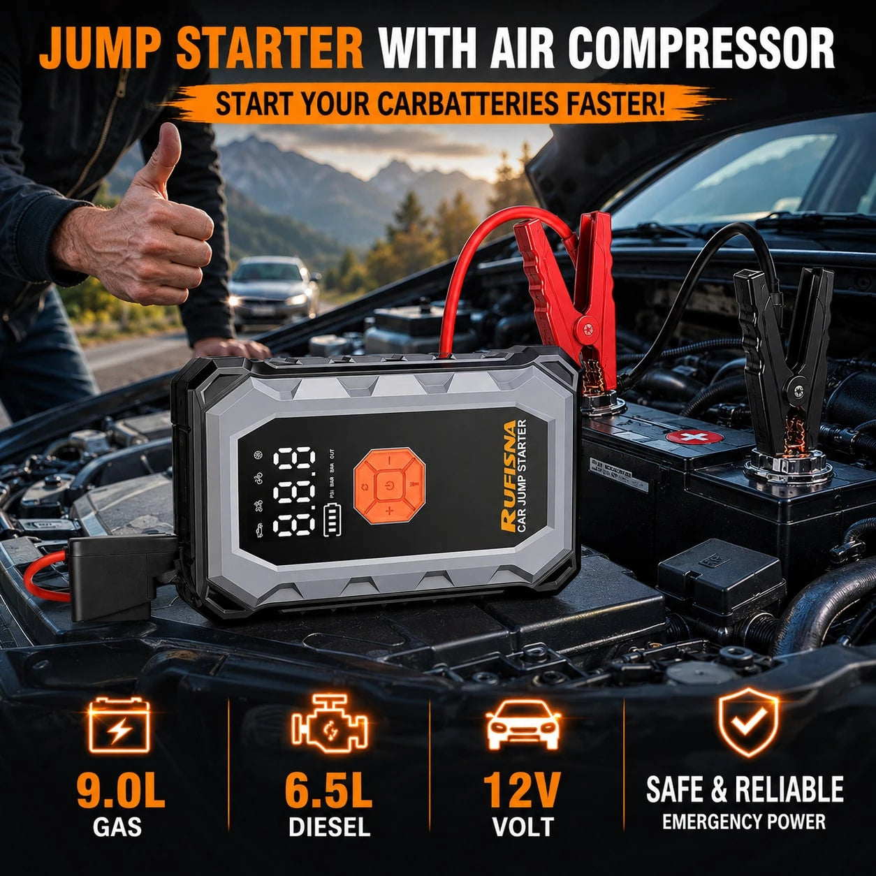 15000A Super Powerful Jump Starter With Air Compressor, 12V Ultra Fast Car Battery Booster, 150 PSI Tire Inflator, 8-In-1 Emergency Power Bank, LED Flashlight, USB Output, Heavy Duty For Gas & Vehicle