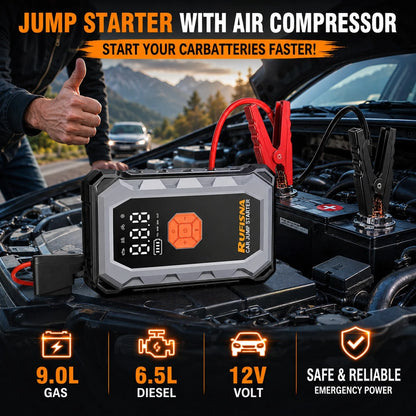15000A Super Powerful Jump Starter With Air Compressor, 12V Ultra Fast Car Battery Booster, 150 PSI Tire Inflator, 8-In-1 Emergency Power Bank, LED Flashlight, USB Output, Heavy Duty For Gas & Vehicle