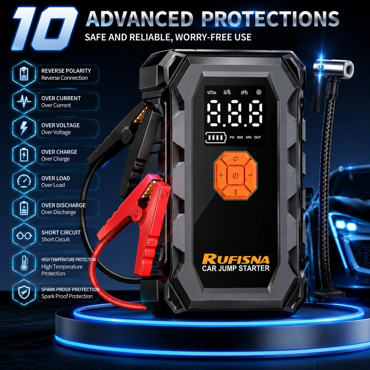 15000A Super Powerful Jump Starter With Air Compressor, 12V Ultra Fast Car Battery Booster, 150 PSI Tire Inflator, 8-In-1 Emergency Power Bank, LED Flashlight, USB Output, Heavy Duty For Gas & Vehicle