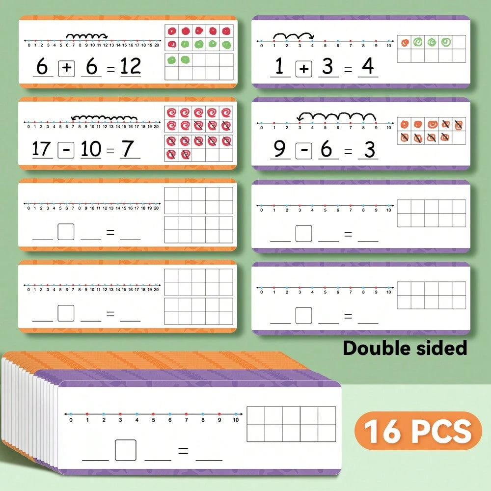 16pcs Dry-Erase Number Line Cards For Addition And Subtraction Within 20, Children's Math Enlightenment Practice Cards, Kindergarten Teacher Teaching Aid