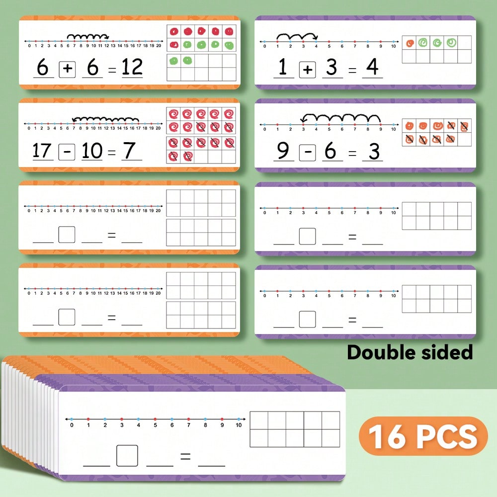 16pcs Dry-Erase Number Line Cards For Addition And Subtraction Within 20, Children's Math Enlightenment Practice Cards, Kindergarten Teacher Teaching Aid
