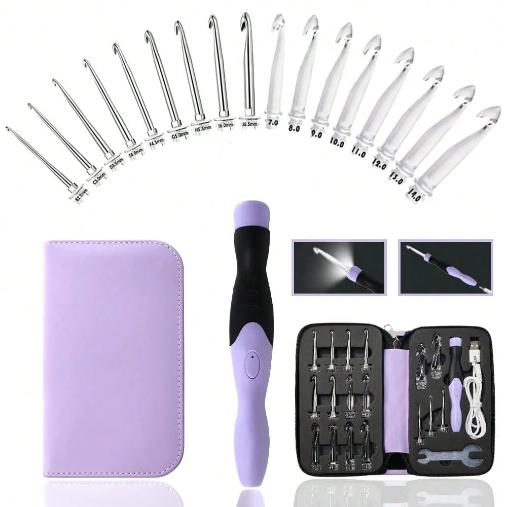 17 Sizes Lighted Crochet Hooks Set 2.5mm~14.0mm, Metal Crochet Hook With Interchangeable Crochet Head