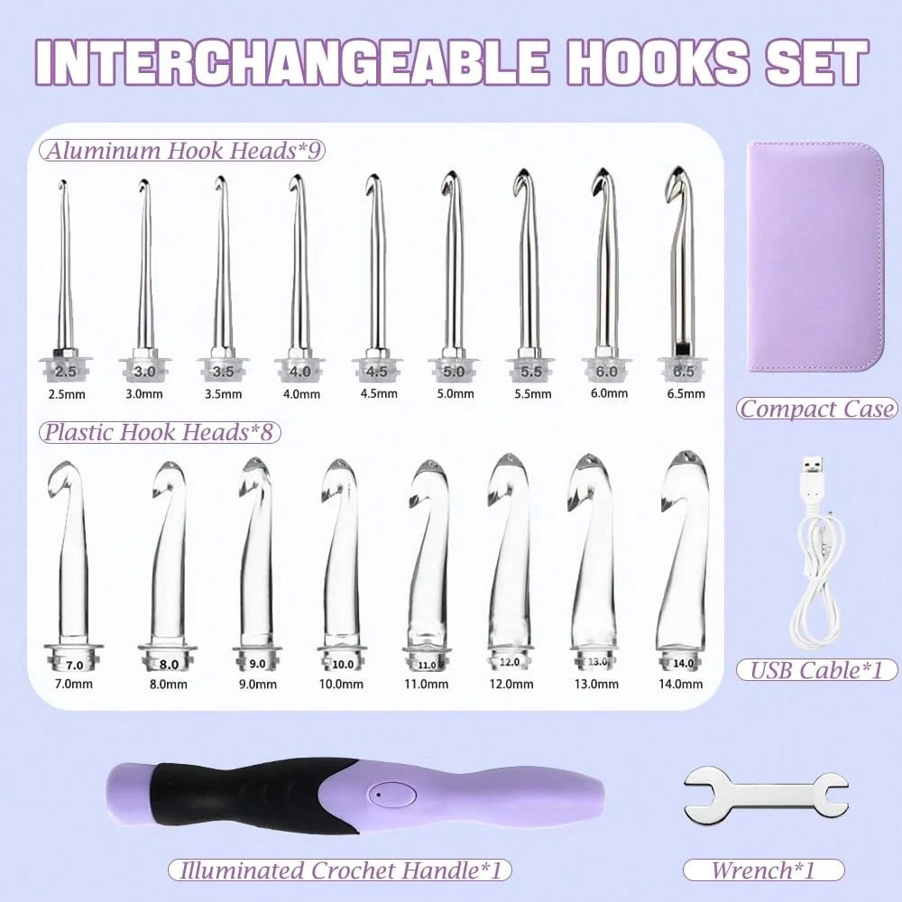 17 Sizes Lighted Crochet Hooks Set 2.5mm~14.0mm, Metal Crochet Hook With Interchangeable Crochet Head