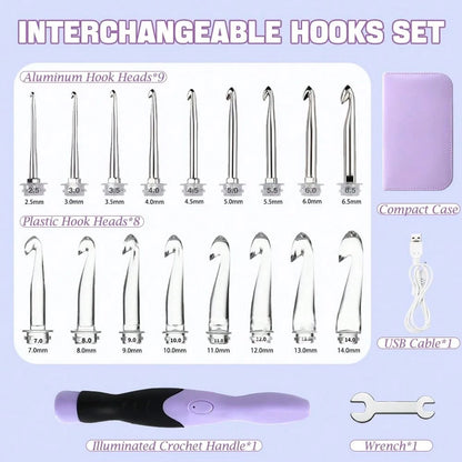 17 Sizes Lighted Crochet Hooks Set 2.5mm~14.0mm, Metal Crochet Hook With Interchangeable Crochet Head