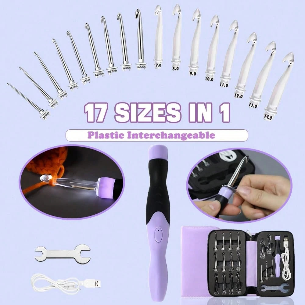 17 Sizes Lighted Crochet Hooks Set 2.5mm~14.0mm, Metal Crochet Hook With Interchangeable Crochet Head