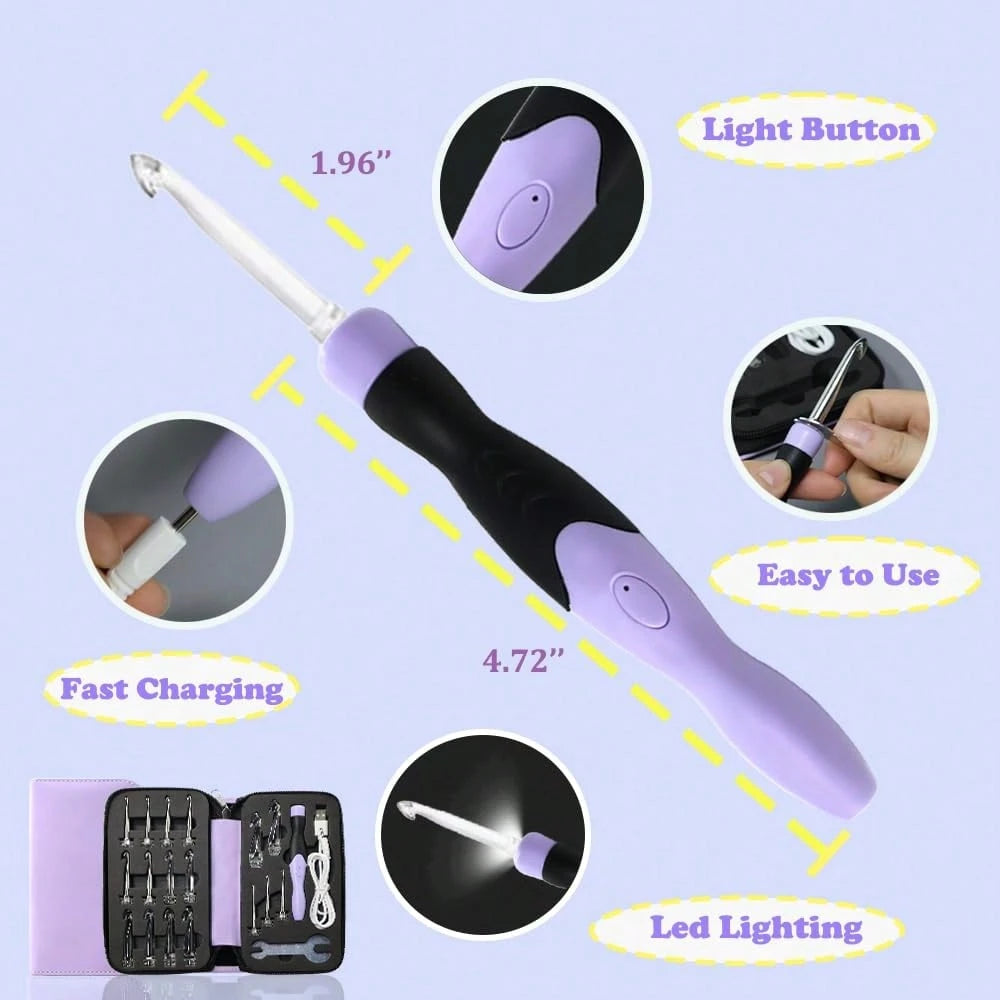 17 Sizes Lighted Crochet Hooks Set 2.5mm~14.0mm, Metal Crochet Hook With Interchangeable Crochet Head