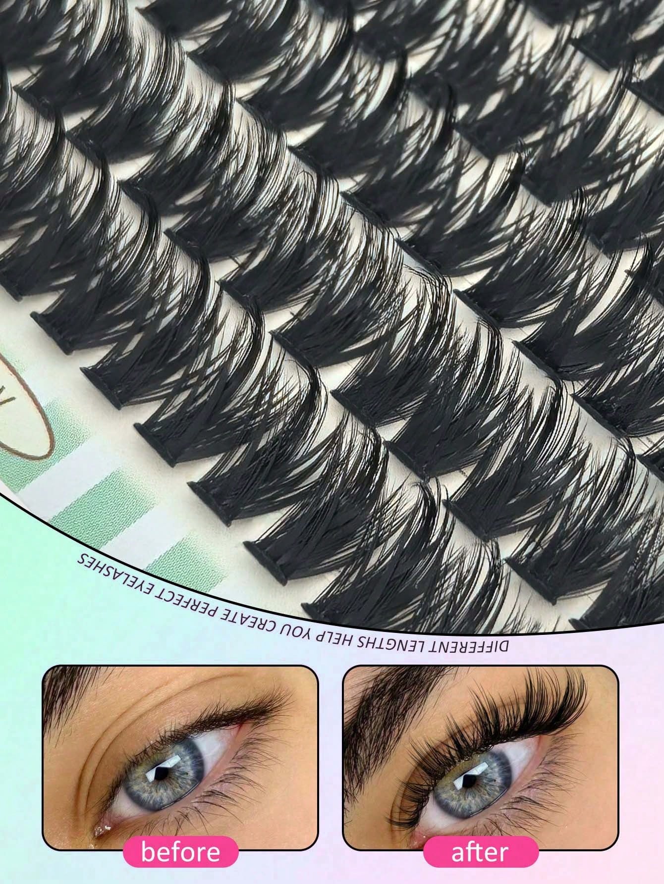 192pcs Cat Eye & Fox Eye Individual Cluster False Eyelashes, DIY Segmented Eyelash Extension, 3D Thick Single Cluster Lashes, Slanted Fluffy Cluster, Reusable False Eyelashes