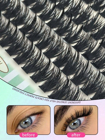 192pcs Cat Eye & Fox Eye Individual Cluster False Eyelashes, DIY Segmented Eyelash Extension, 3D Thick Single Cluster Lashes, Slanted Fluffy Cluster, Reusable False Eyelashes
