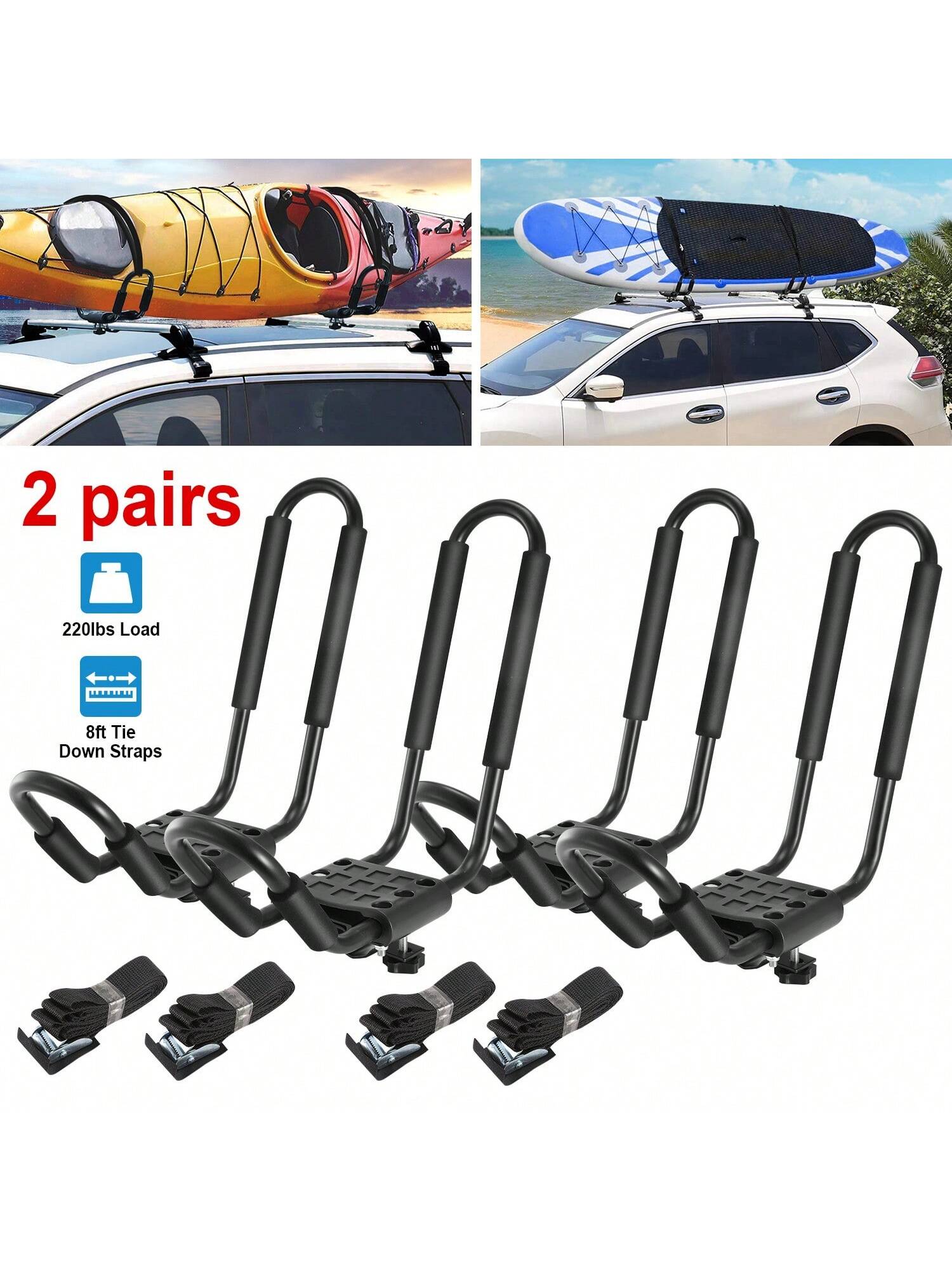 1Pair/2Pair/4Pair Universal J-Bar Kayak Carrier 220LBS Load Heavy Duty Canoe Car Top Mount Carrier Roof Rack With 2Pcs Tie Down Straps For Summer Beach Travel