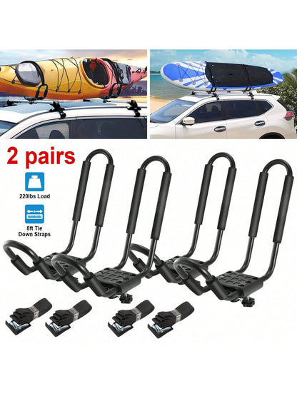 1Pair/2Pair/4Pair Universal J-Bar Kayak Carrier 220LBS Load Heavy Duty Canoe Car Top Mount Carrier Roof Rack With 2Pcs Tie Down Straps For Summer Beach Travel