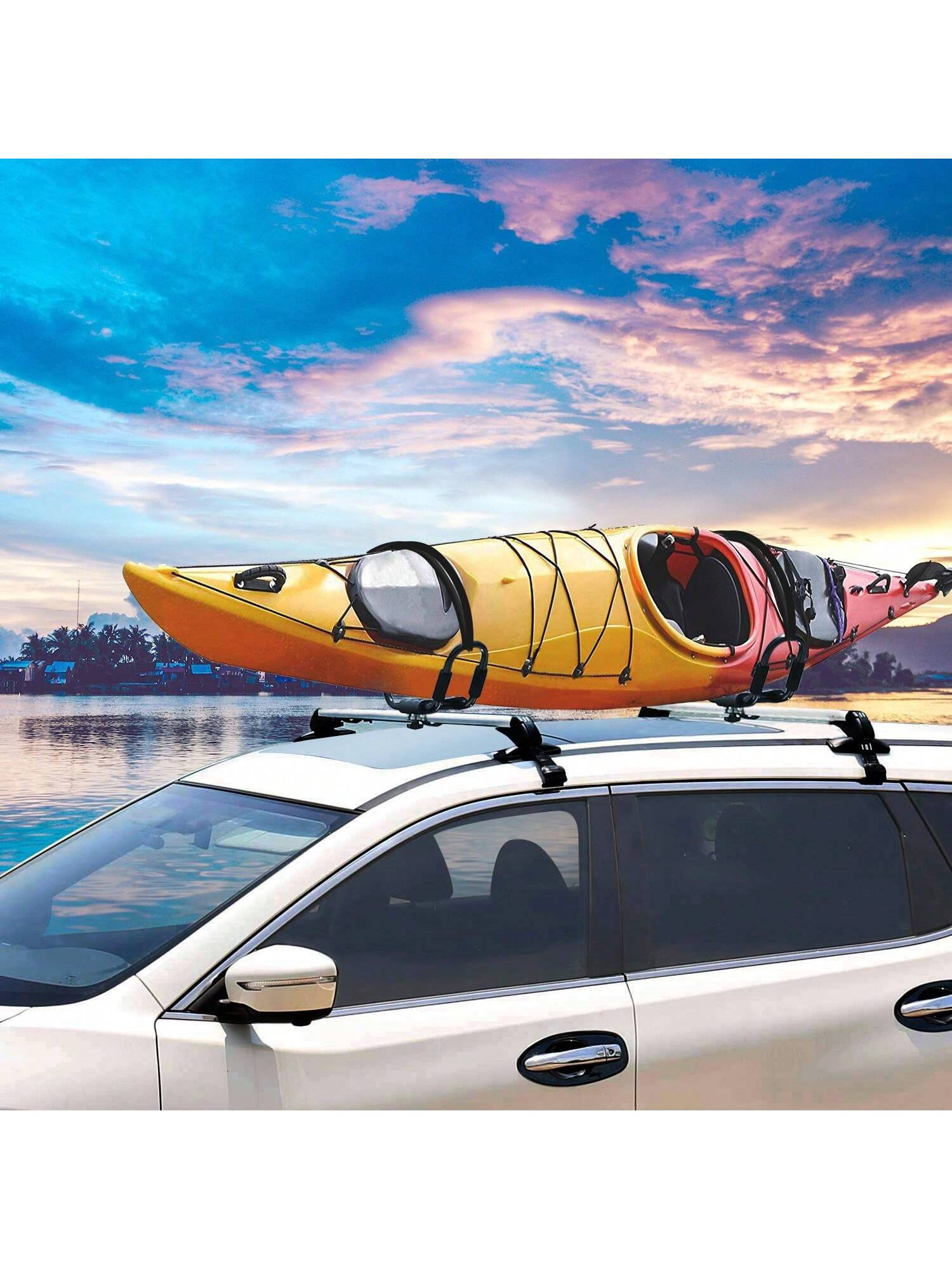 1Pair/2Pair/4Pair Universal J-Bar Kayak Carrier 220LBS Load Heavy Duty Canoe Car Top Mount Carrier Roof Rack With 2Pcs Tie Down Straps For Summer Beach Travel