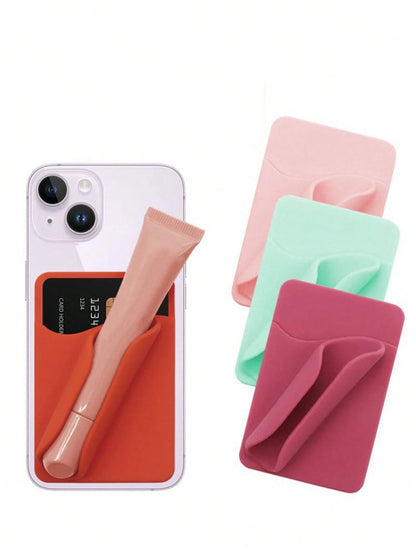 1pc 2-In-1 Phone Lipstick Holder With Card Slot, Adhesive Silicone Credit Card Wallet And Lip Gloss Holder, Suitable For Phone Back Adhesive Case, Reusable Strong Adhesive, Won't Fall Off, Doesn't Dam