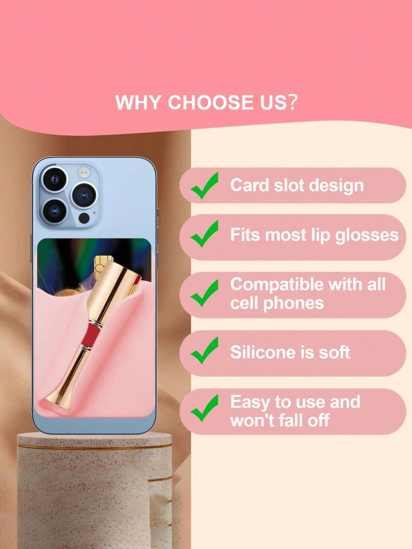 1pc 2-In-1 Phone Lipstick Holder With Card Slot, Adhesive Silicone Credit Card Wallet And Lip Gloss Holder, Suitable For Phone Back Adhesive Case, Reusable Strong Adhesive, Won't Fall Off, Doesn't Dam