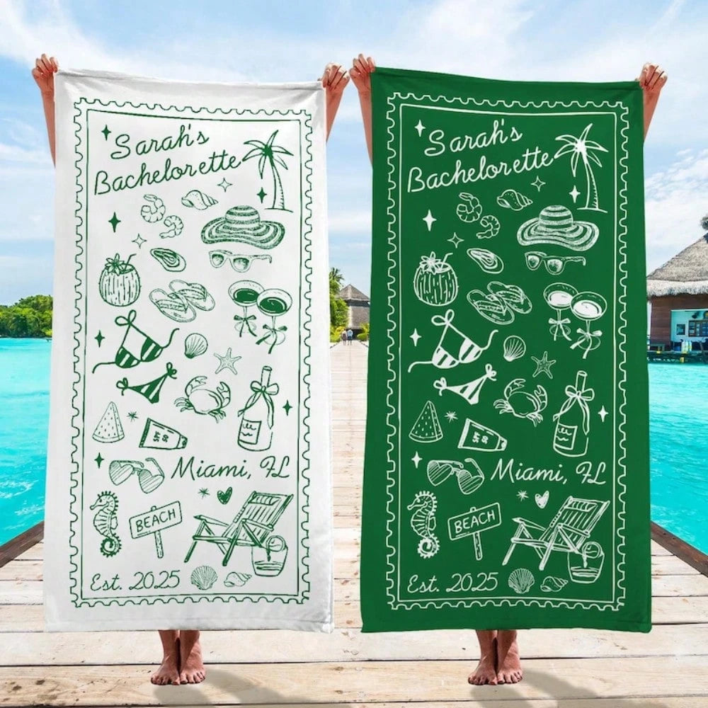1pc 29″X58″ 31″X71″ Personalized Bachelorette Beach Towel, Custom Location Name Bachelorette Party Pool Towel, Coastal Bridal Shower Beach Towell, Girls Trip, Bridesmaid Gift
