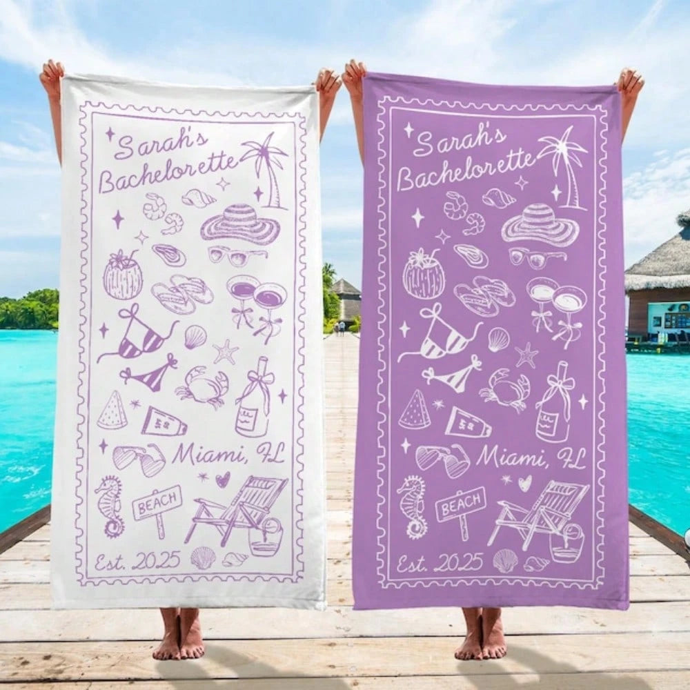 1pc 29″X58″ 31″X71″ Personalized Bachelorette Beach Towel, Custom Location Name Bachelorette Party Pool Towel, Coastal Bridal Shower Beach Towell, Girls Trip, Bridesmaid Gift