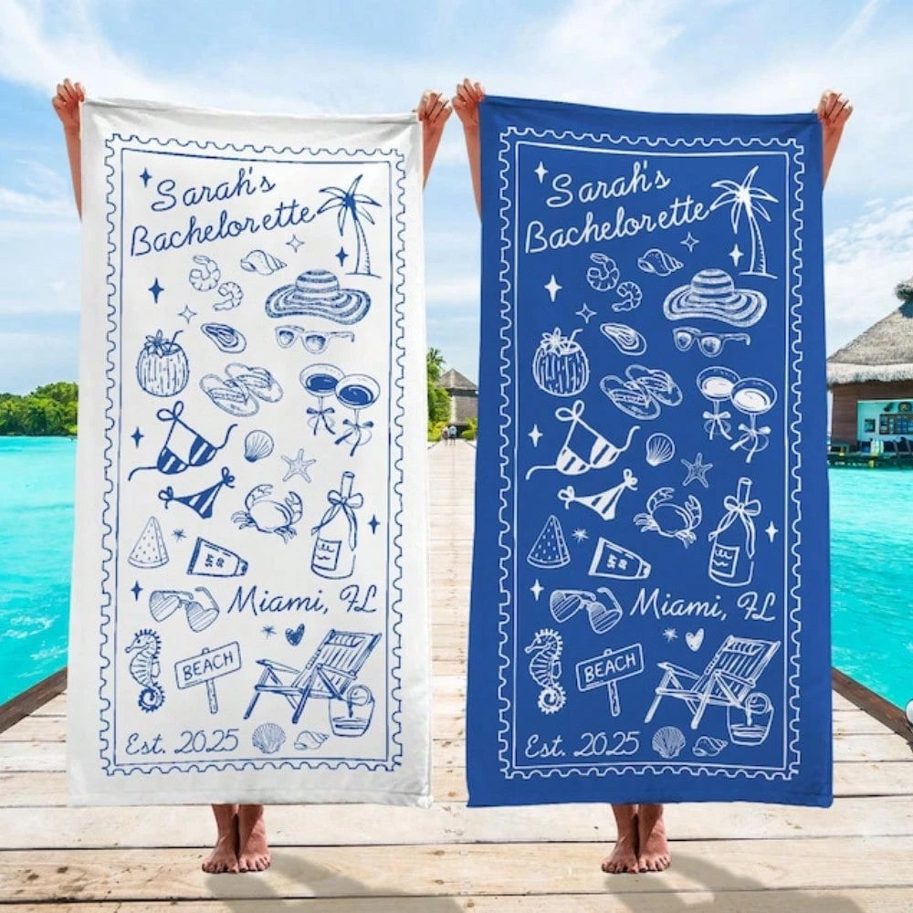 1pc 29″X58″ 31″X71″ Personalized Bachelorette Beach Towel, Custom Location Name Bachelorette Party Pool Towel, Coastal Bridal Shower Beach Towell, Girls Trip, Bridesmaid Gift