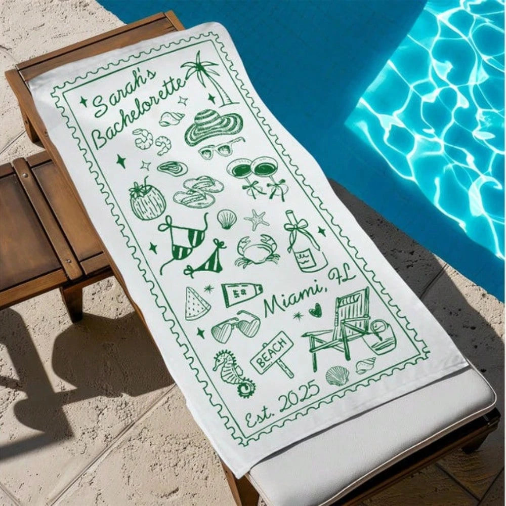 1pc 29″X58″ 31″X71″ Personalized Bachelorette Beach Towel, Custom Location Name Bachelorette Party Pool Towel, Coastal Bridal Shower Beach Towell, Girls Trip, Bridesmaid Gift
