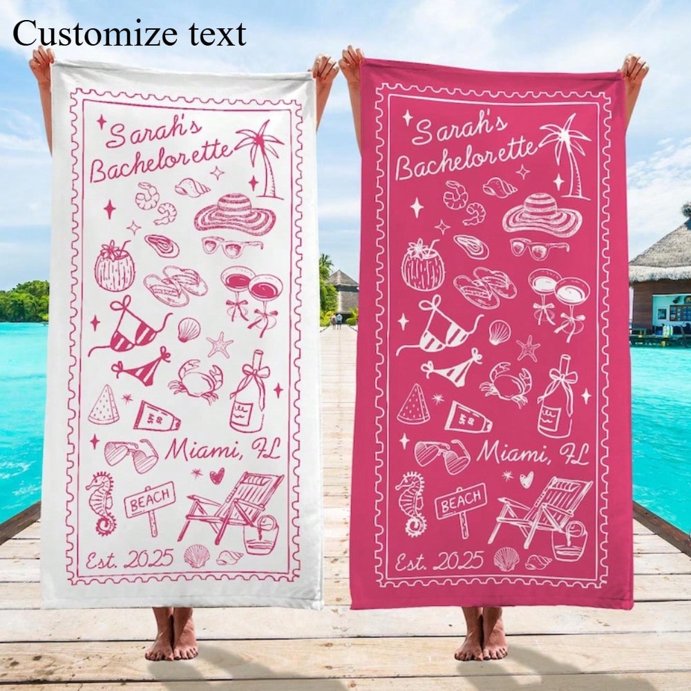 1pc 29″X58″ 31″X71″ Personalized Bachelorette Beach Towel, Custom Location Name Bachelorette Party Pool Towel, Coastal Bridal Shower Beach Towell, Girls Trip, Bridesmaid Gift