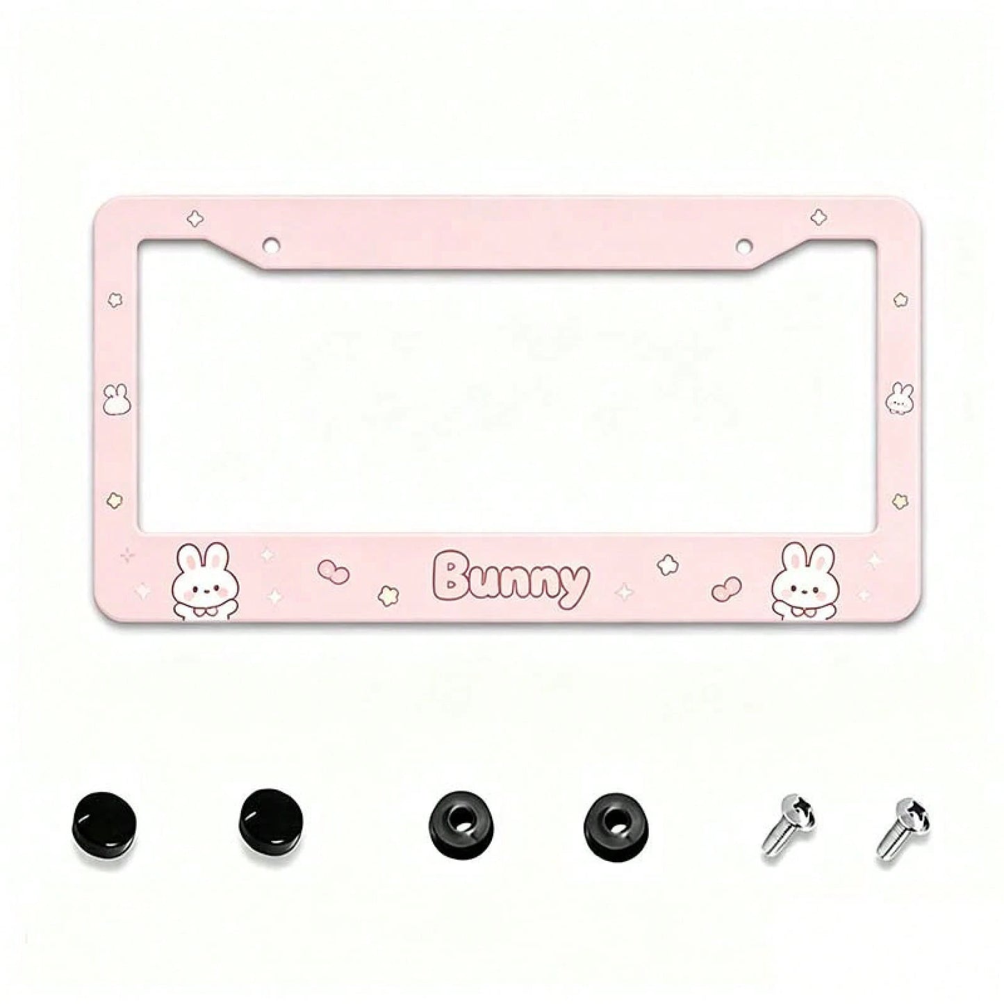 1PC 2D Design, Light Pink Soft And Cute Rabbit Letter Print Border, 12X 6inch Aluminum License Plate Frame, Suitable For All Types Of Standard Vehicle License Plates, Scratch-Resistant, Rust-Proof And