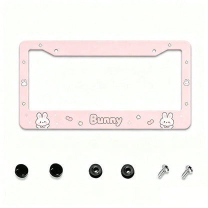 1PC 2D Design, Light Pink Soft And Cute Rabbit Letter Print Border, 12X 6inch Aluminum License Plate Frame, Suitable For All Types Of Standard Vehicle License Plates, Scratch-Resistant, Rust-Proof And