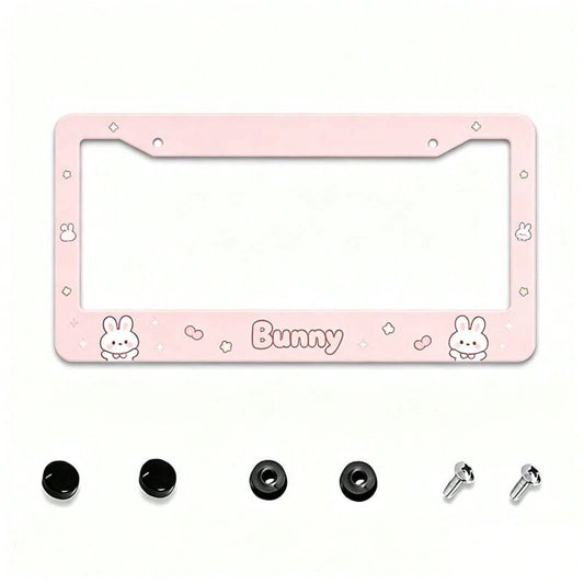 1PC 2D Design, Light Pink Soft And Cute Rabbit Letter Print Border, 12X 6inch Aluminum License Plate Frame, Suitable For All Types Of Standard Vehicle License Plates, Scratch-Resistant, Rust-Proof And