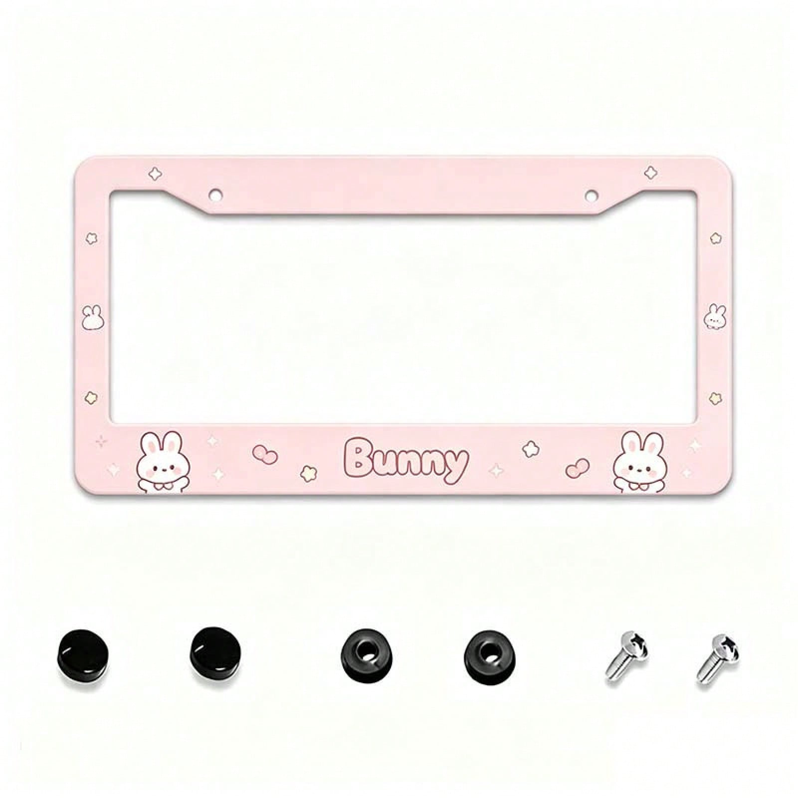1PC 2D Design, Light Pink Soft And Cute Rabbit Letter Print Border, 12X 6inch Aluminum License Plate Frame, Suitable For All Types Of Standard Vehicle License Plates, Scratch-Resistant, Rust-Proof And