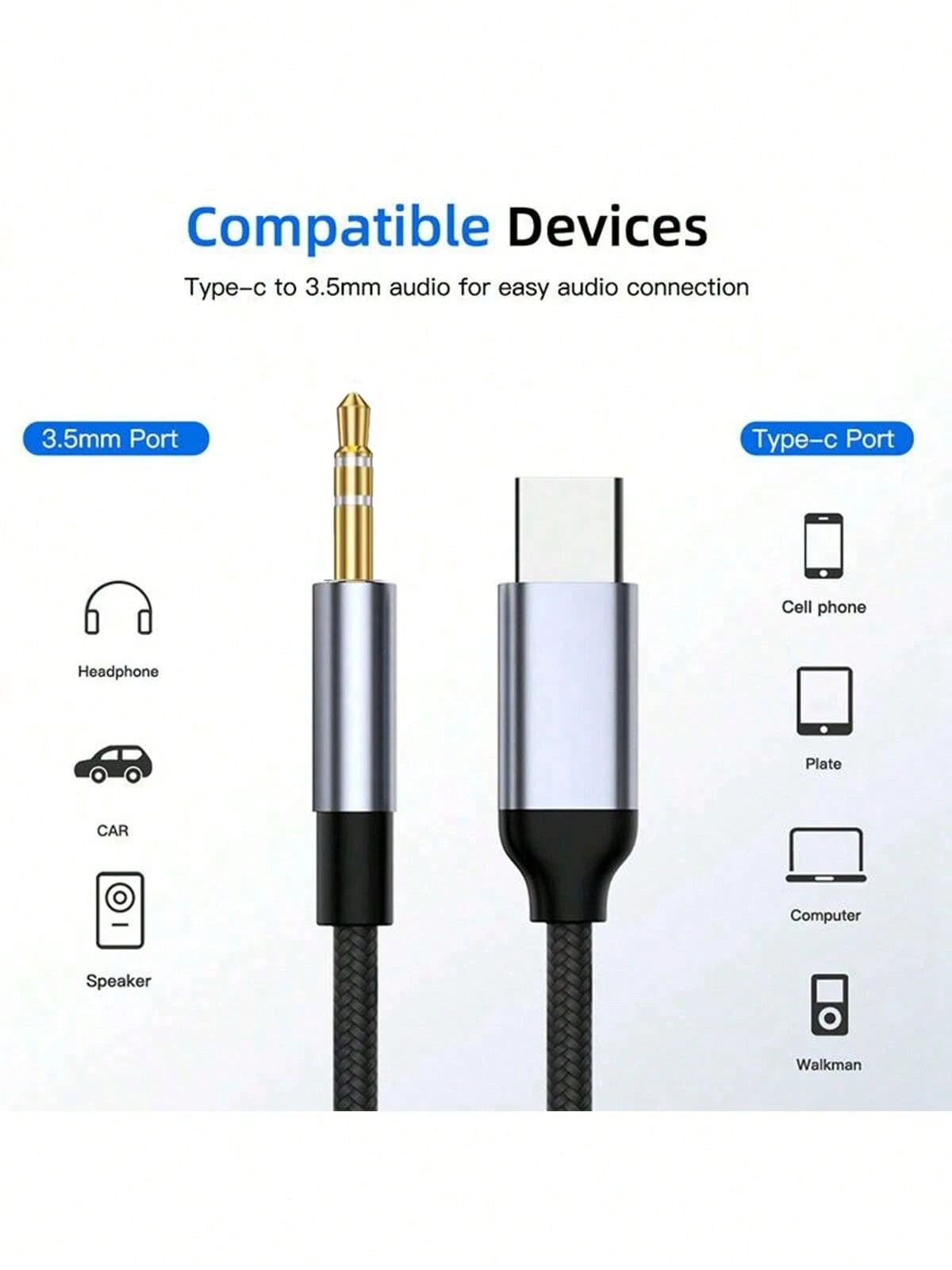 1pc 3.5mm Audio Cable, Type-C To 3.5mm Jack Adapter Cable, Compatible With Speakers, Cars, Type-C To 3.5mm Mobile Phone Accessories, USB-C Adapter Cable