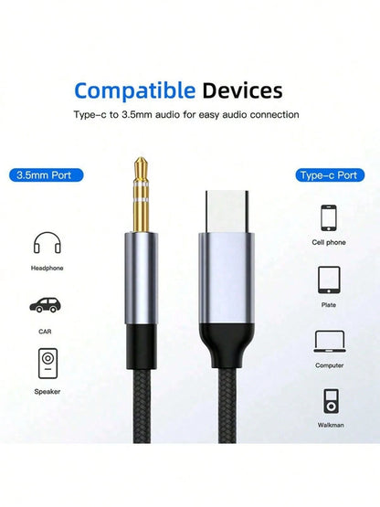 1pc 3.5mm Audio Cable, Type-C To 3.5mm Jack Adapter Cable, Compatible With Speakers, Cars, Type-C To 3.5mm Mobile Phone Accessories, USB-C Adapter Cable