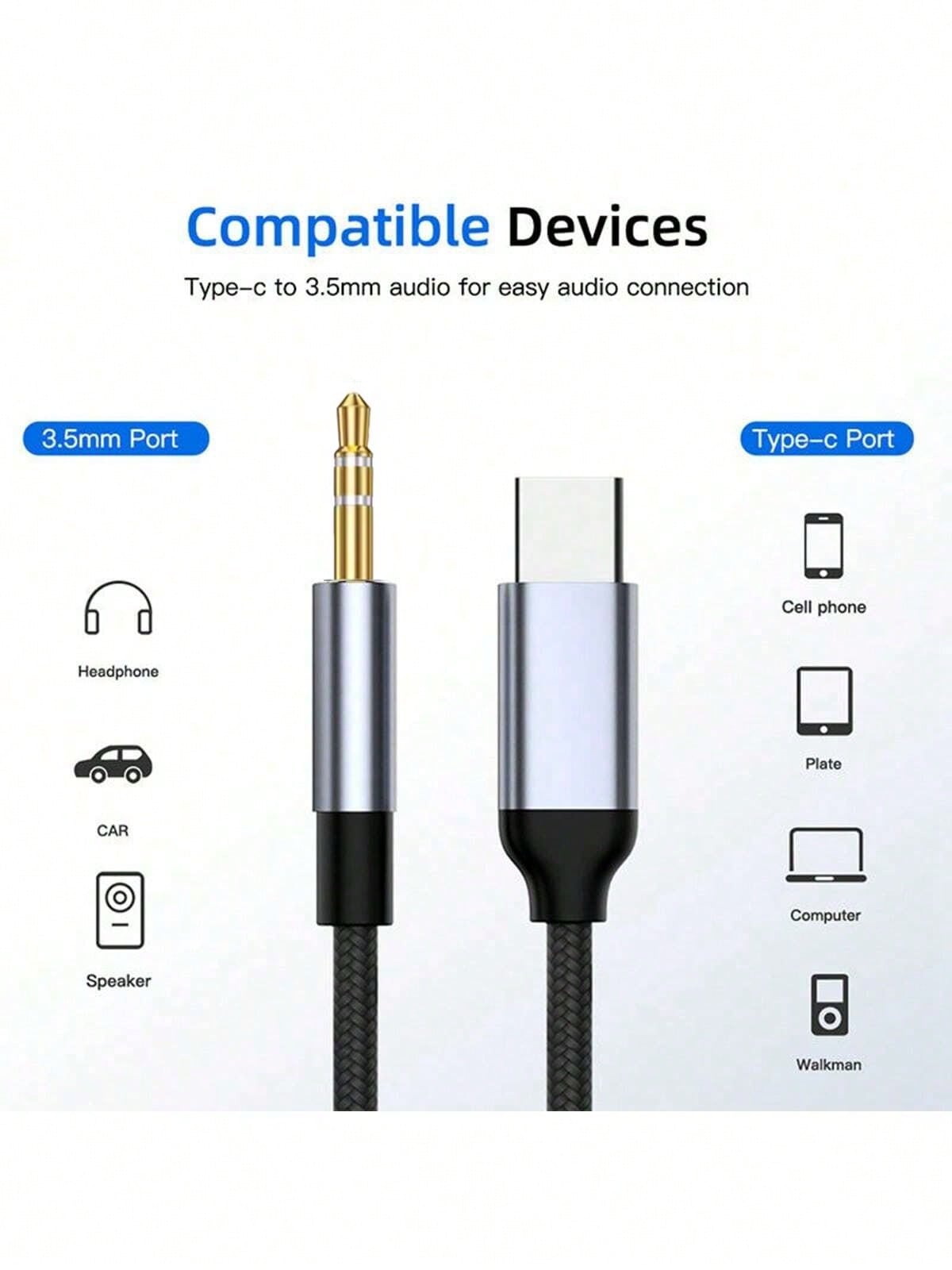 1pc 3.5mm Audio Cable, Type-C To 3.5mm Jack Adapter Cable, Compatible With Speakers, Cars, Type-C To 3.5mm Mobile Phone Accessories, USB-C Adapter Cable