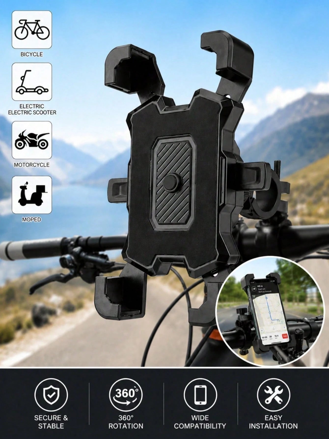 1pc 360° Rotatable Anti-Drop Bicycle Phone Holder, ABS Material, Quick Installation Auto-Lock Design, Suitable For 4.7-6.8 Inch Phones, Multi-Function Outdoor Cycling Navigation Accessory, Can Be Inst