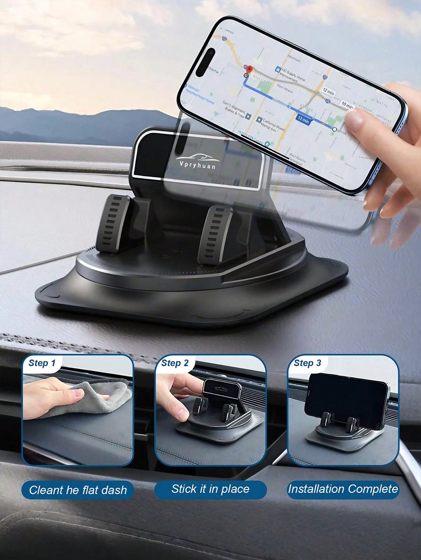 1pc 360° Rotating Dashboard Phone Holder, Nano Gel Base Enhances Grip, Auto Lock Prevents Overheating, Suitable For Phones With Or Without Cases