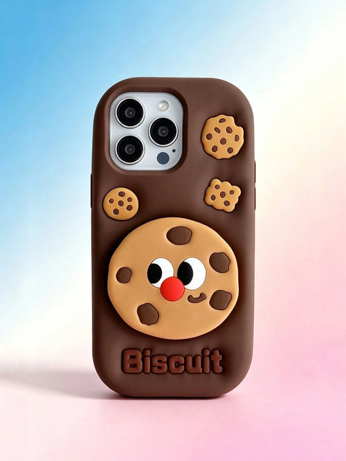 1PC 3D Chocolate Cookie Retractable Phone Stand Compatible With Apple 17 Pro Max/16 Pro Max/15 Pro/14 Pro Max/13 Pro/11 Soft Silicone Full Coverage Anti-Drop Cartoon Protective Case