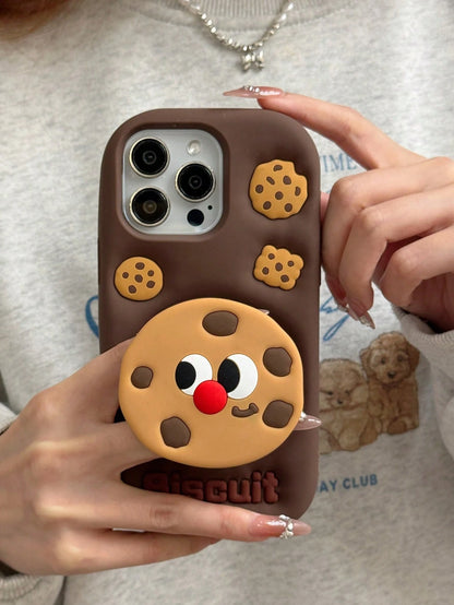 1PC 3D Chocolate Cookie Retractable Phone Stand Compatible With Apple 17 Pro Max/16 Pro Max/15 Pro/14 Pro Max/13 Pro/11 Soft Silicone Full Coverage Anti-Drop Cartoon Protective Case