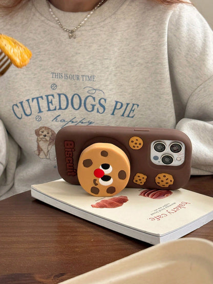 1PC 3D Chocolate Cookie Retractable Phone Stand Compatible With Apple 17 Pro Max/16 Pro Max/15 Pro/14 Pro Max/13 Pro/11 Soft Silicone Full Coverage Anti-Drop Cartoon Protective Case