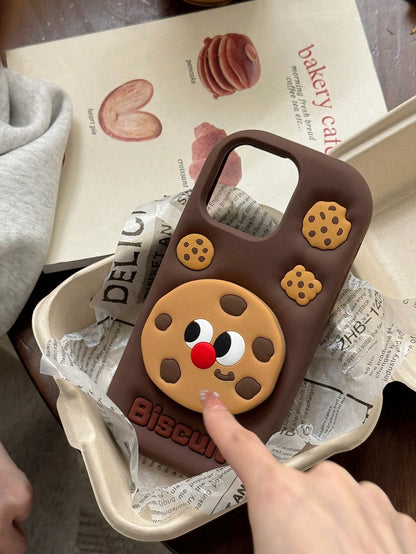 1PC 3D Chocolate Cookie Retractable Phone Stand Compatible With Apple 17 Pro Max/16 Pro Max/15 Pro/14 Pro Max/13 Pro/11 Soft Silicone Full Coverage Anti-Drop Cartoon Protective Case
