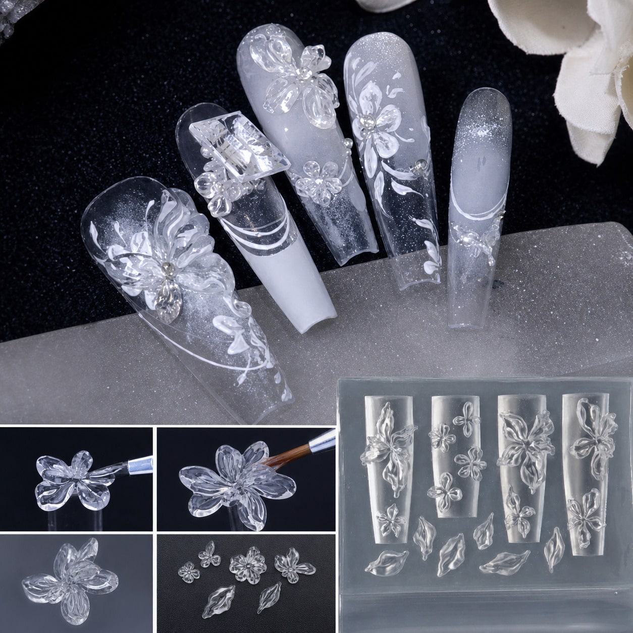 1PC 3D Floral Nail Art Silicone Mold, Petal & Leaf Flower Decoration, Fairy Style, Clear Carved Embossed Design, Japanese & Korean Gentle Vintage, Suitable For Soft Clay, Crystal, Resin, 3D Flower Nai