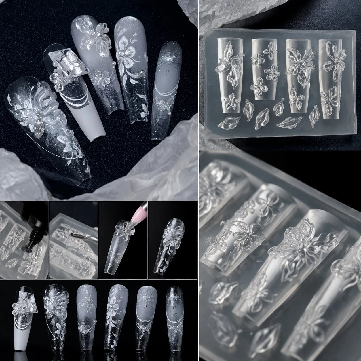 1PC 3D Floral Nail Art Silicone Mold, Petal & Leaf Flower Decoration, Fairy Style, Clear Carved Embossed Design, Japanese & Korean Gentle Vintage, Suitable For Soft Clay, Crystal, Resin, 3D Flower Nai