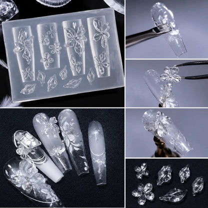 1PC 3D Floral Nail Art Silicone Mold, Petal & Leaf Flower Decoration, Fairy Style, Clear Carved Embossed Design, Japanese & Korean Gentle Vintage, Suitable For Soft Clay, Crystal, Resin, 3D Flower Nai