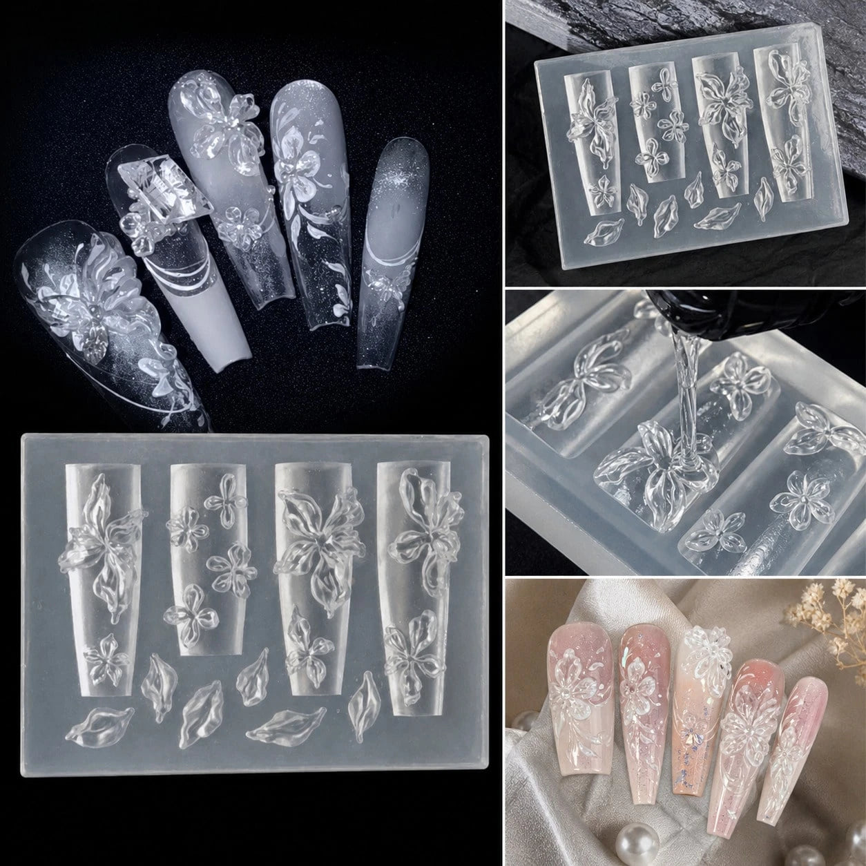1PC 3D Floral Nail Art Silicone Mold, Petal & Leaf Flower Decoration, Fairy Style, Clear Carved Embossed Design, Japanese & Korean Gentle Vintage, Suitable For Soft Clay, Crystal, Resin, 3D Flower Nai