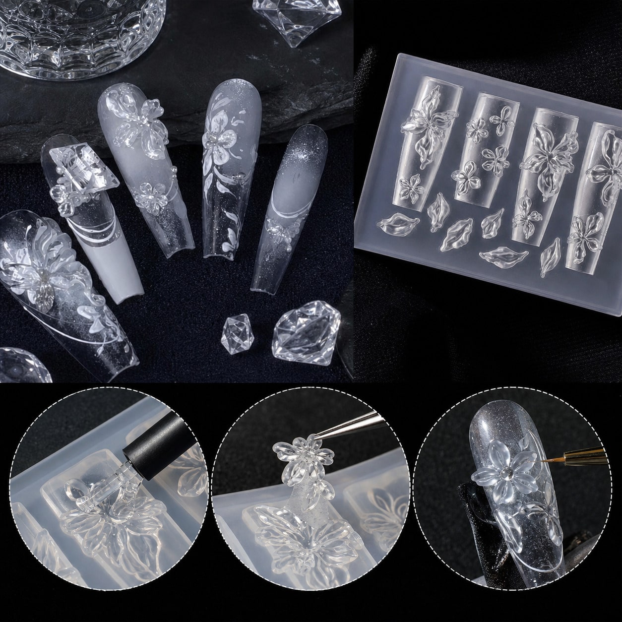 1PC 3D Floral Nail Art Silicone Mold, Petal & Leaf Flower Decoration, Fairy Style, Clear Carved Embossed Design, Japanese & Korean Gentle Vintage, Suitable For Soft Clay, Crystal, Resin, 3D Flower Nai