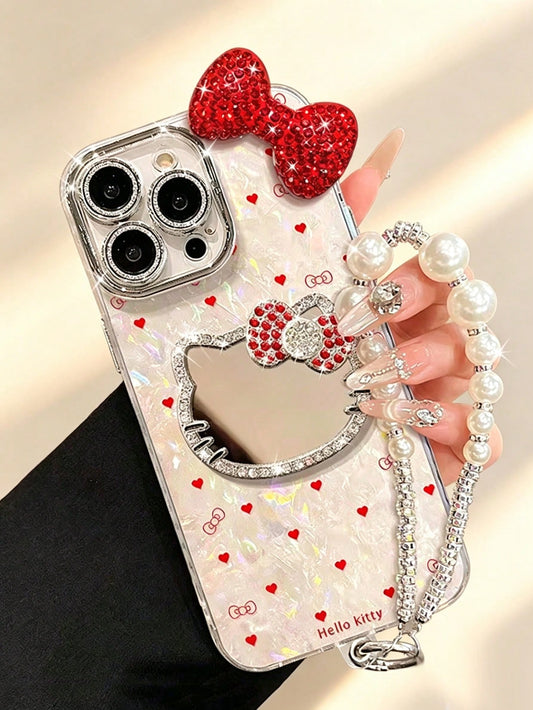 1pc 3D Rhinestone Bow Heart KT Cat Mirror Phone Case- Heart KT Cat Shell Texture, Fashion Creative Hello Kitty Sanrio Phone Case, Waterproof Anti-Fall Shockproof Material, Laser Color-Changing Heart